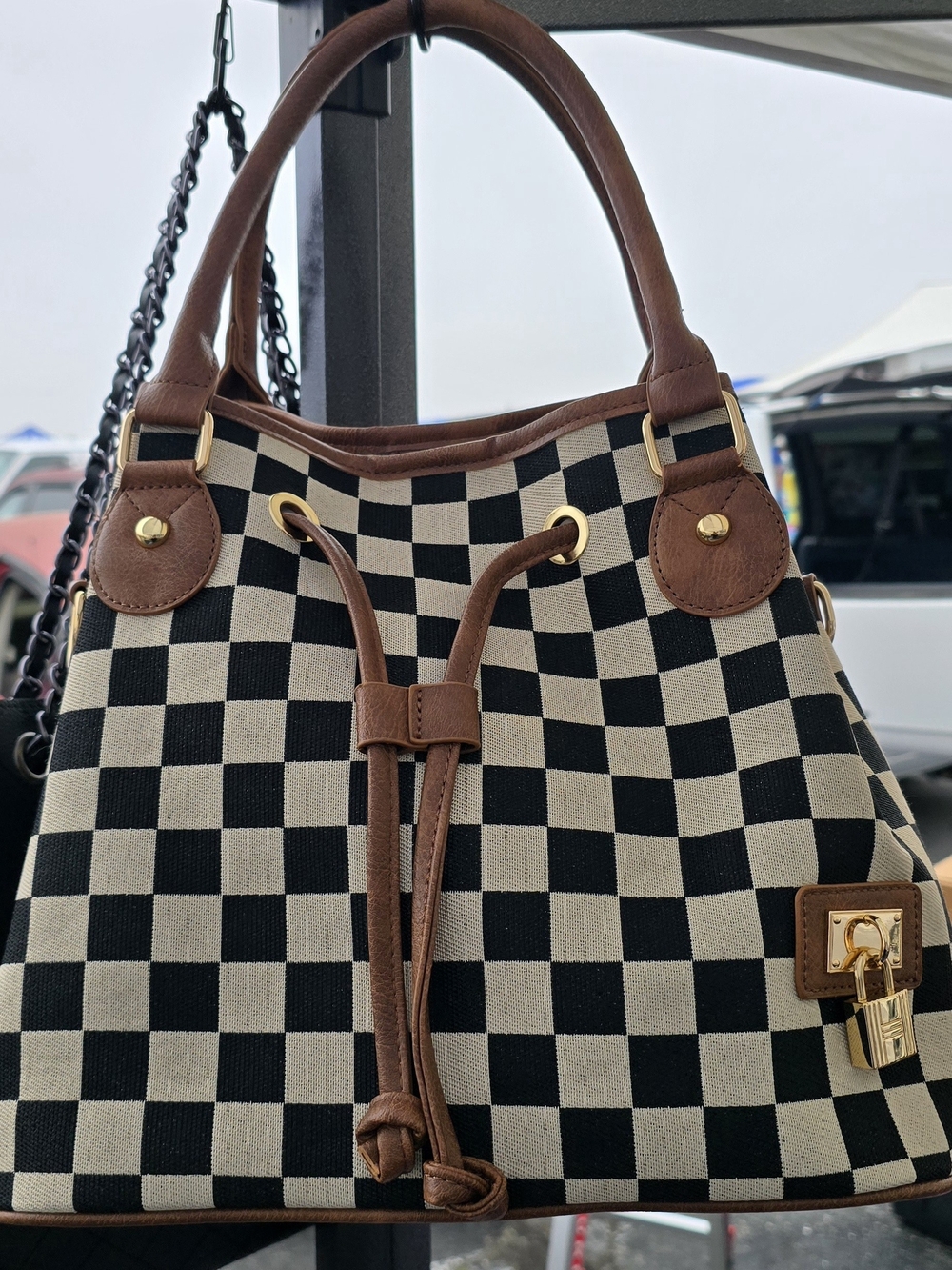 Checkerboard Canvas Drawstring Tote Bag with Brown Trim